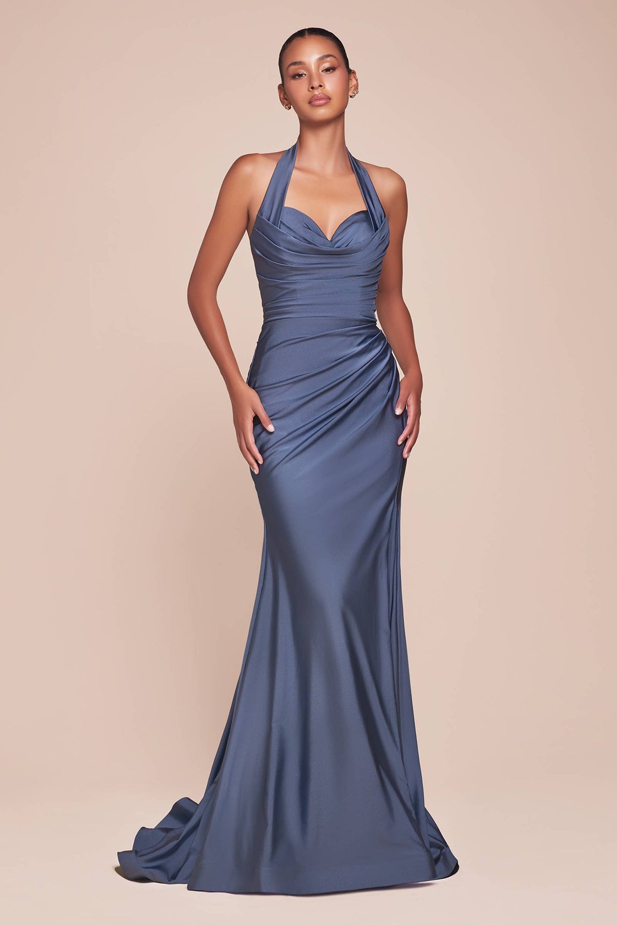 STETCH SATIN HALTER FITTED DRESS