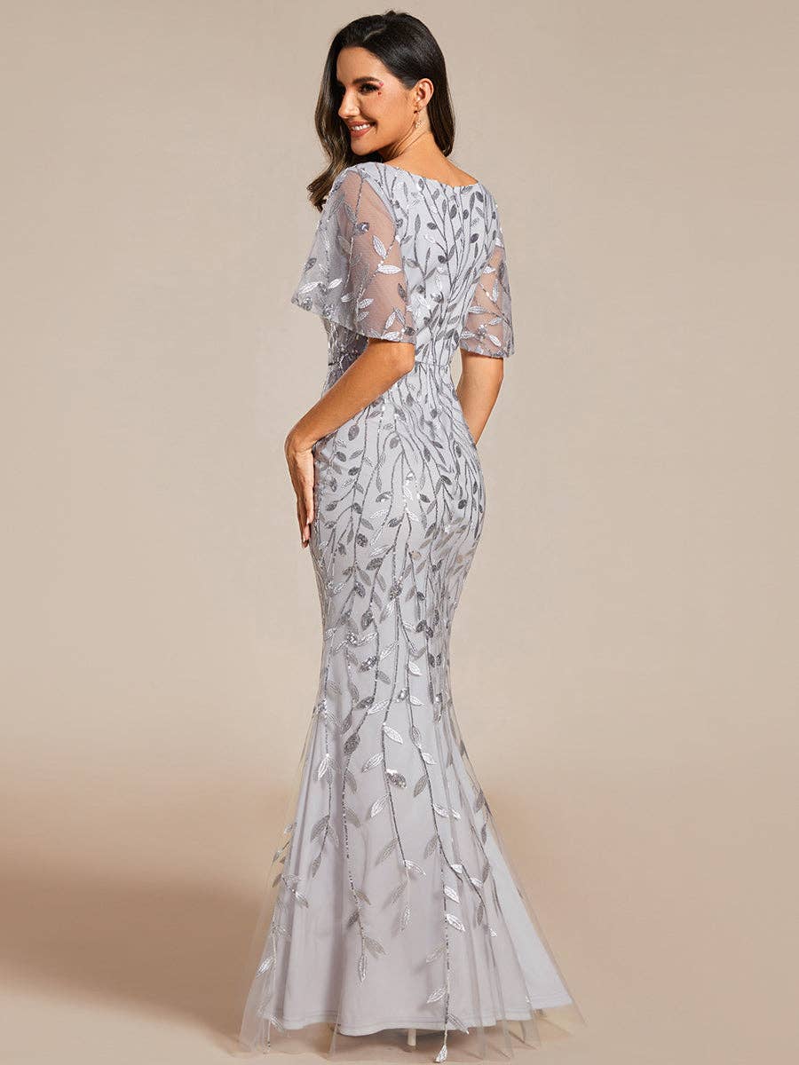 Gorgeous Leaf-Sequined Evening Dress