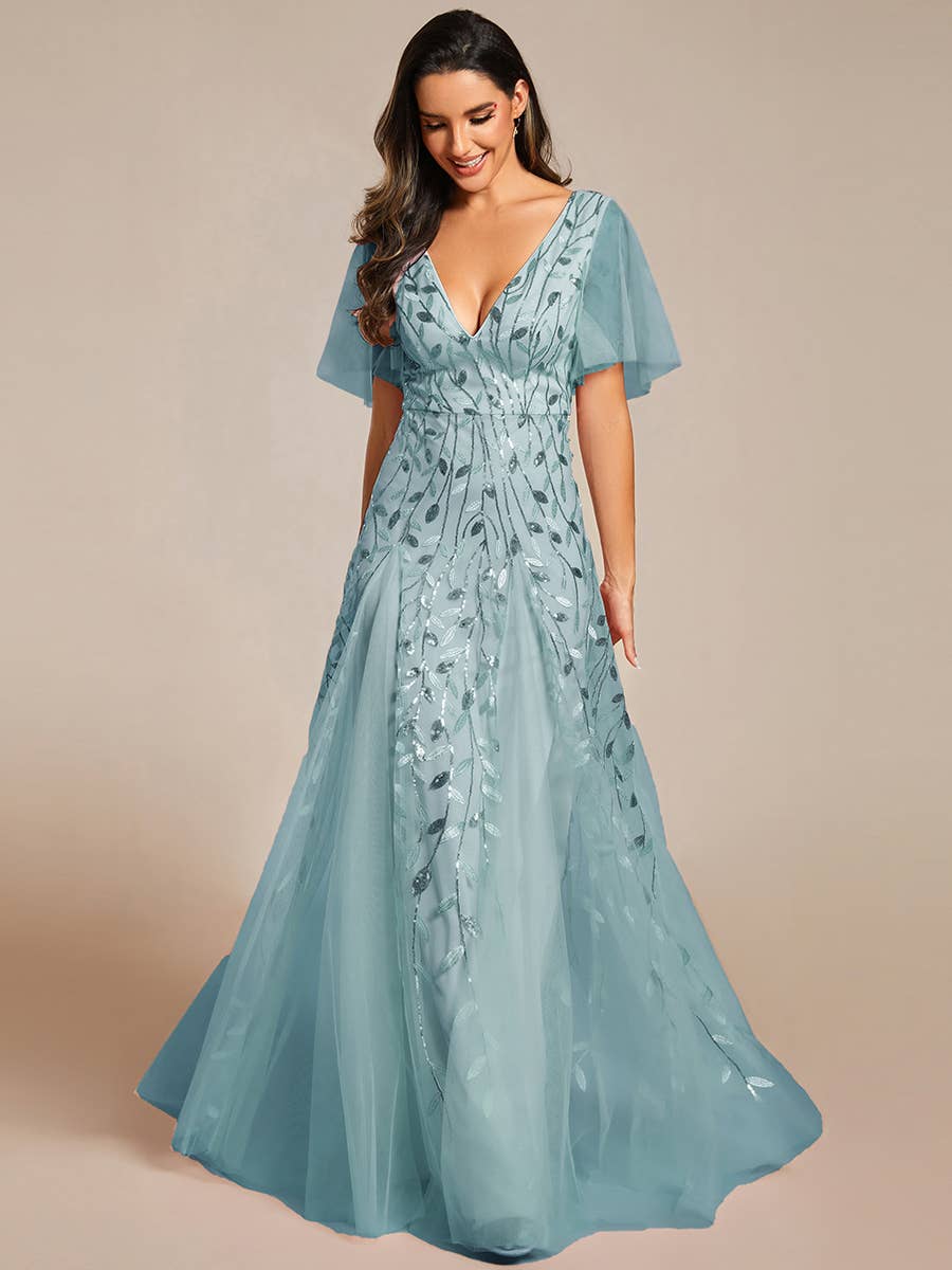 Romantic Shimmery V Neck Ruffle Sleeves Evening Dress