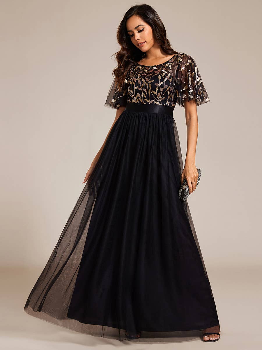 Sequin Print Maxi Long Evening Dresses with Cap Sleeve
