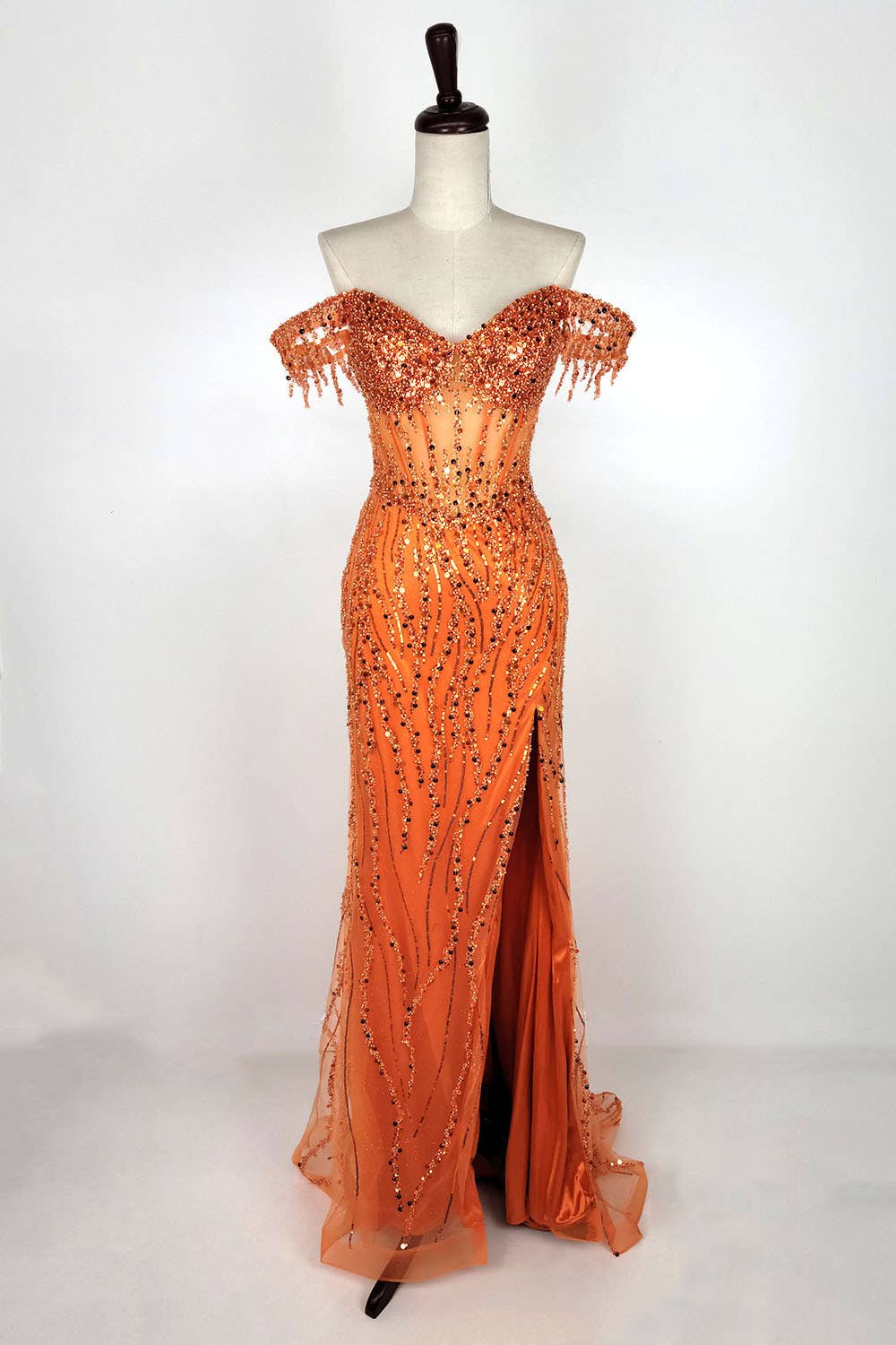 Off the Shoulder Sequin and Bead Long Dress C331