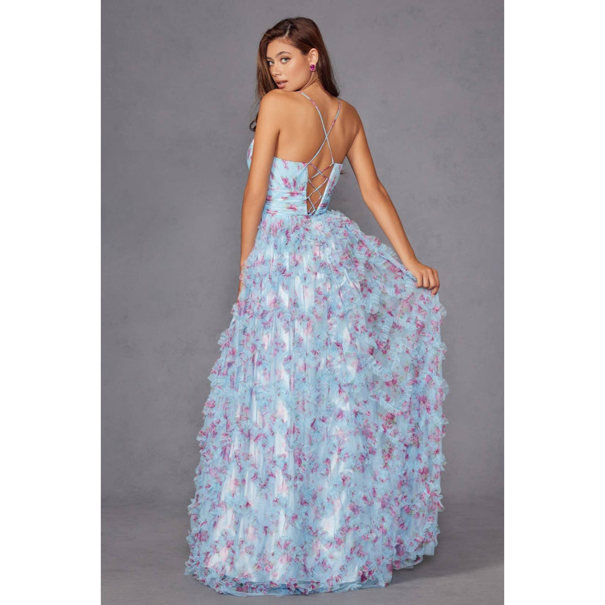 JT2572U THIS DRESS FEATURES A FITTED CORSET WITH A V-NECKLIN