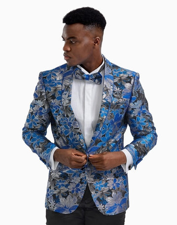 Men's Slim Textured Floral Blazer, Shawl Collar, Royal