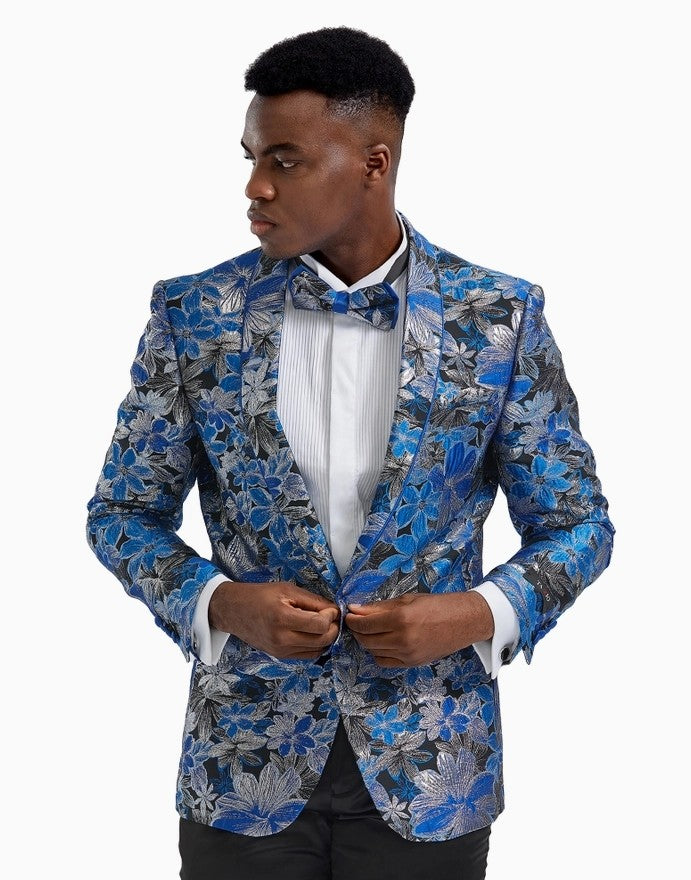 Men's Slim Textured Floral Blazer, Shawl Collar, Royal