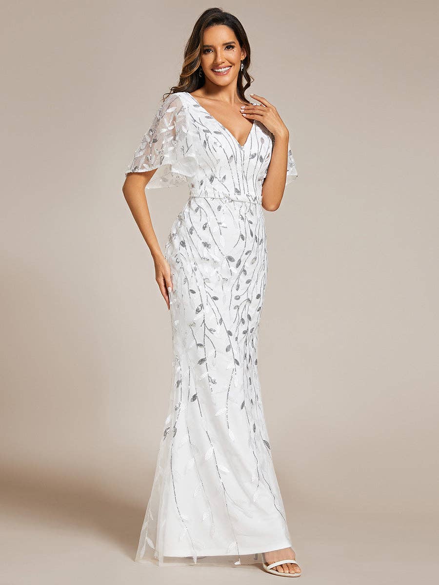 Gorgeous Leaf-Sequined Evening Dress