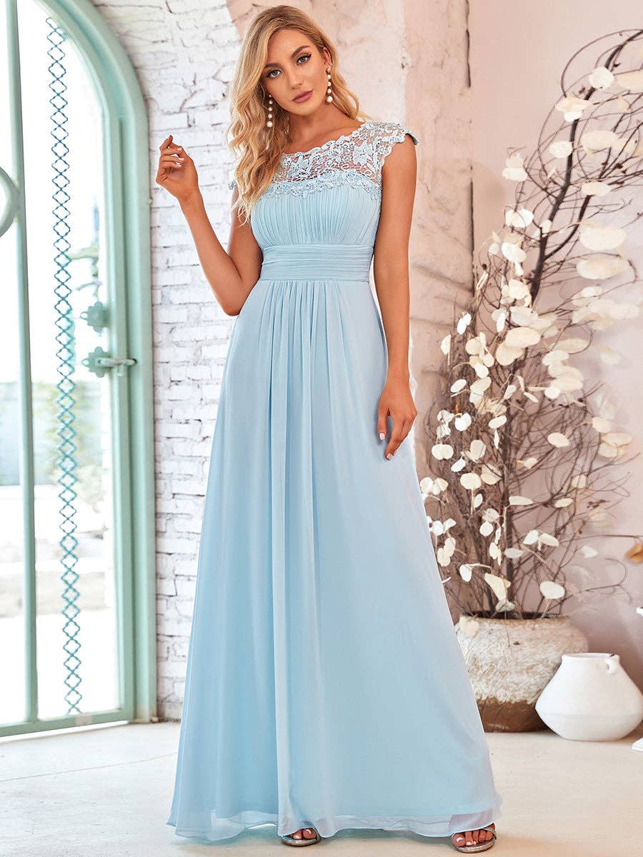 Lacey Neckline Open Back Ruched Bust  Chiffon Evening Dress