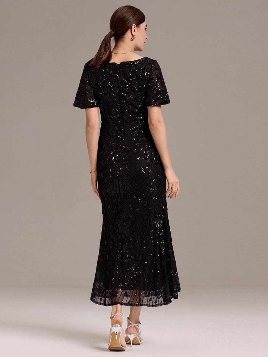 Strapless Deep Fishtail Paillette Midi Evening Dresses