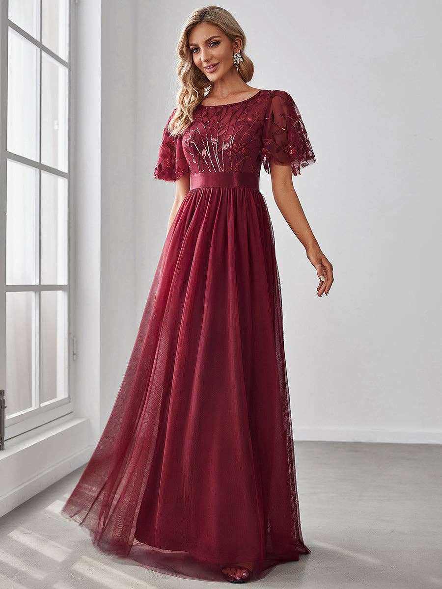 Sequin Print Maxi Long Evening Dresses with Cap Sleeve