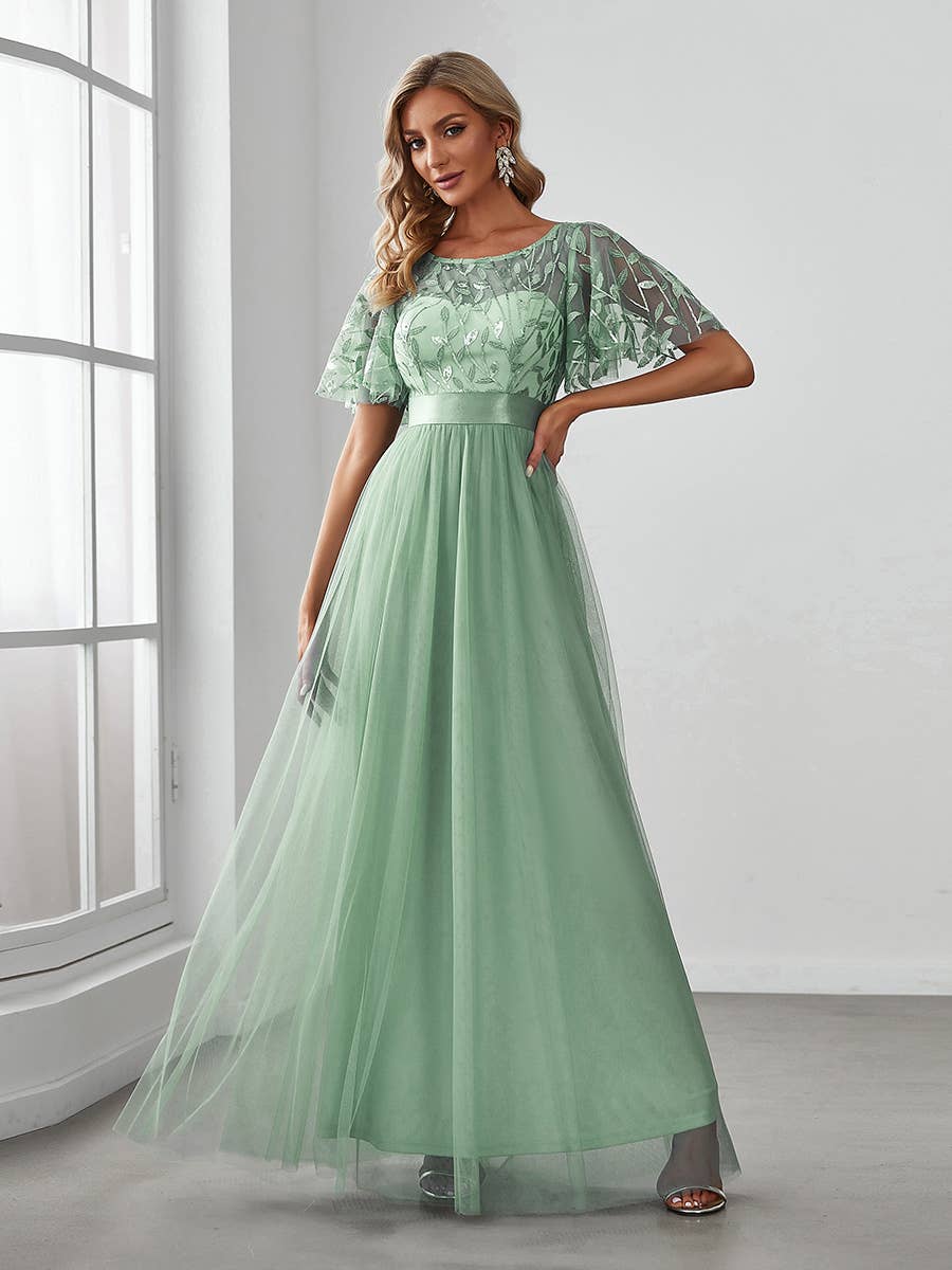 Sequin Print Maxi Long Evening Dresses with Cap Sleeve