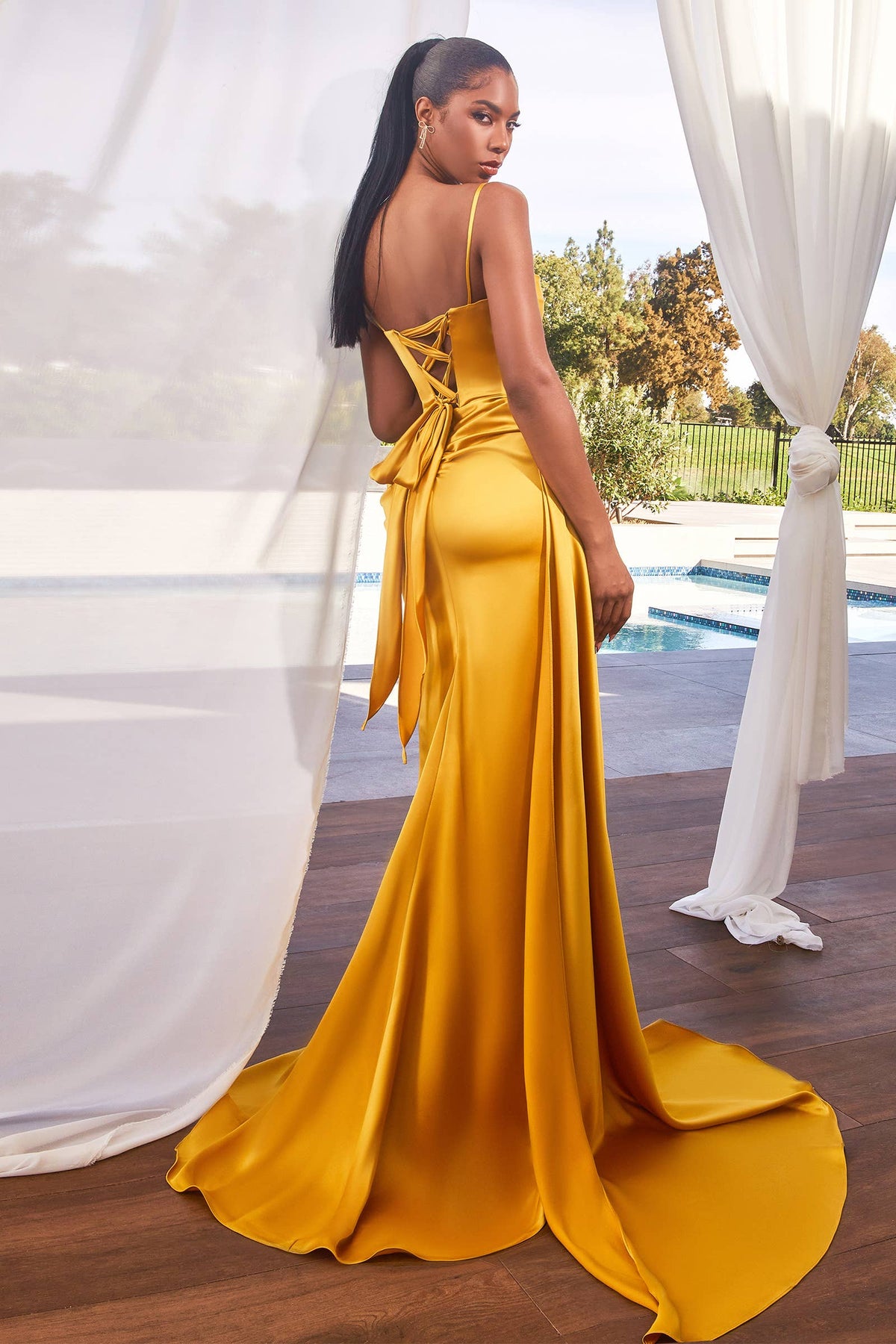 SATIN PLEATED GOWN WITH EMBELLISHMENT
