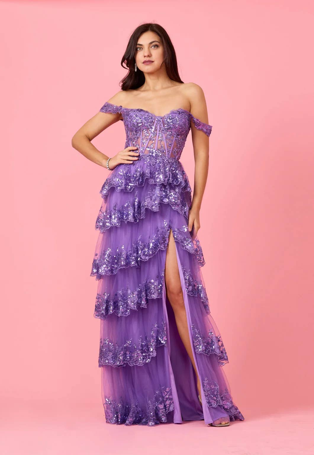 Tiered Prom Dress Off Shoulder Floral Lace with Shimmer