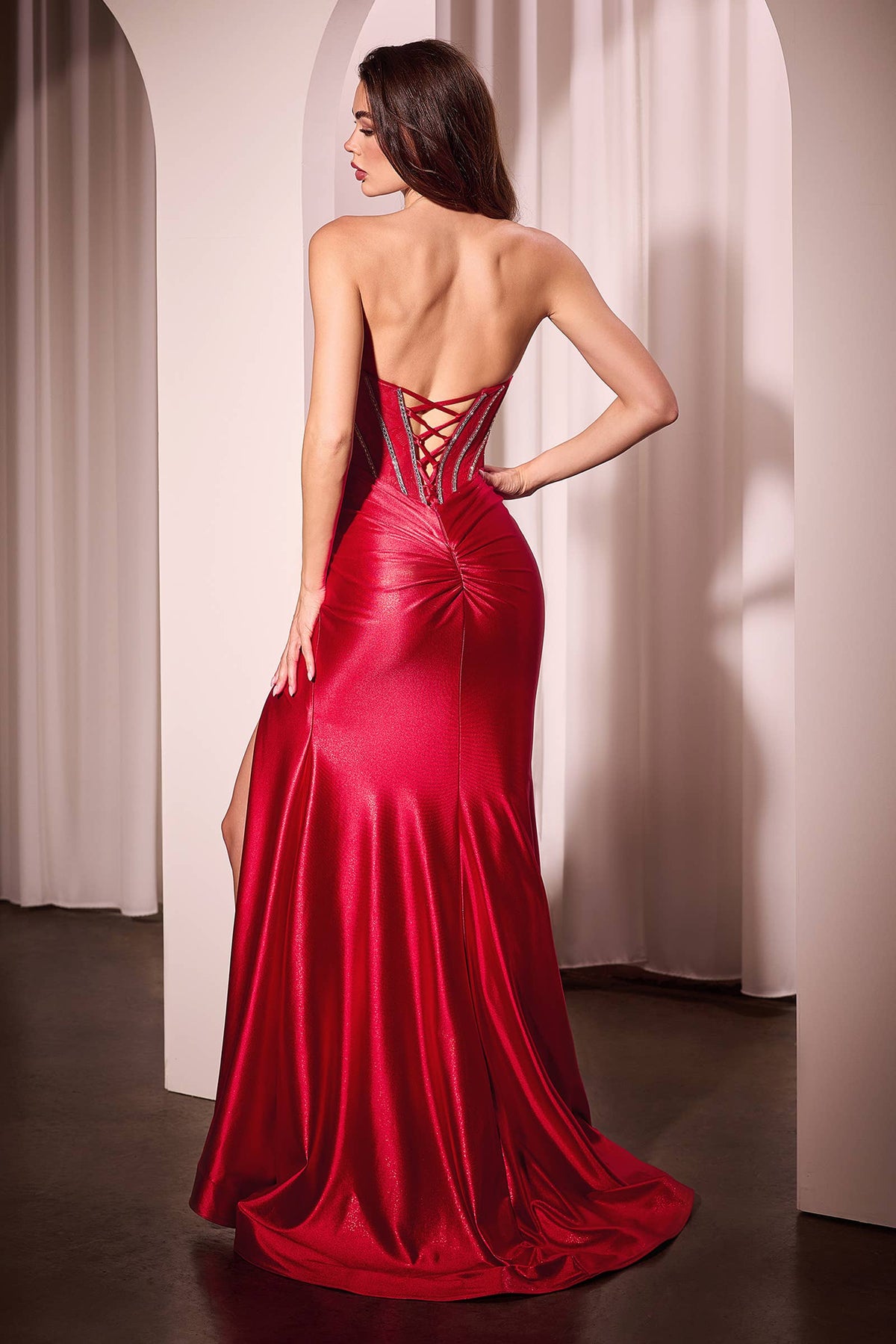 STRAPLESS LACE BODICE SATIN FITTED GOWN