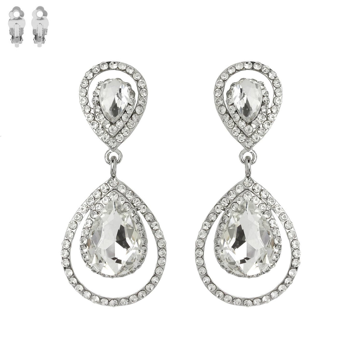 Rhinestone Halo Teardrop Gemstone Clip-On Earrings
