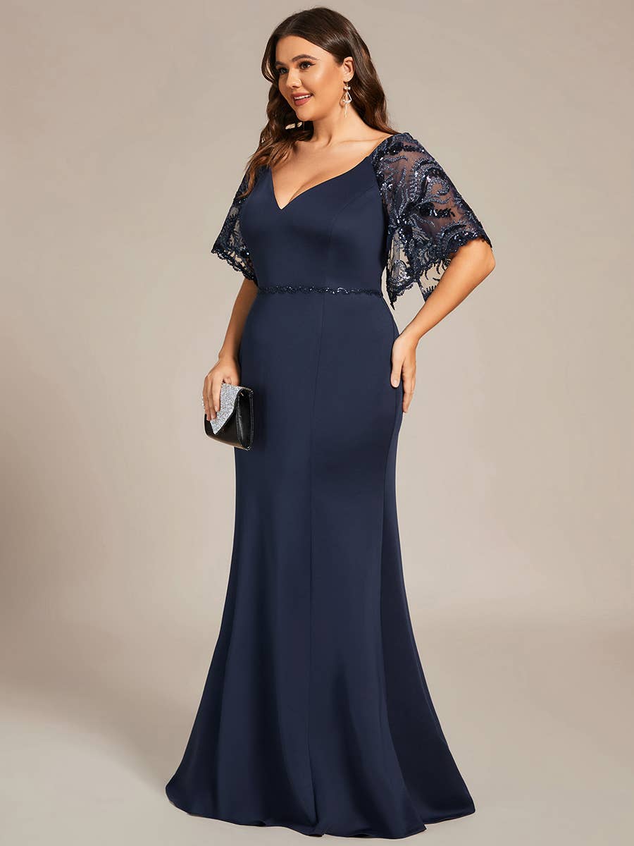 Elegant Plus Size V Neck Fishtail Evening Dress
