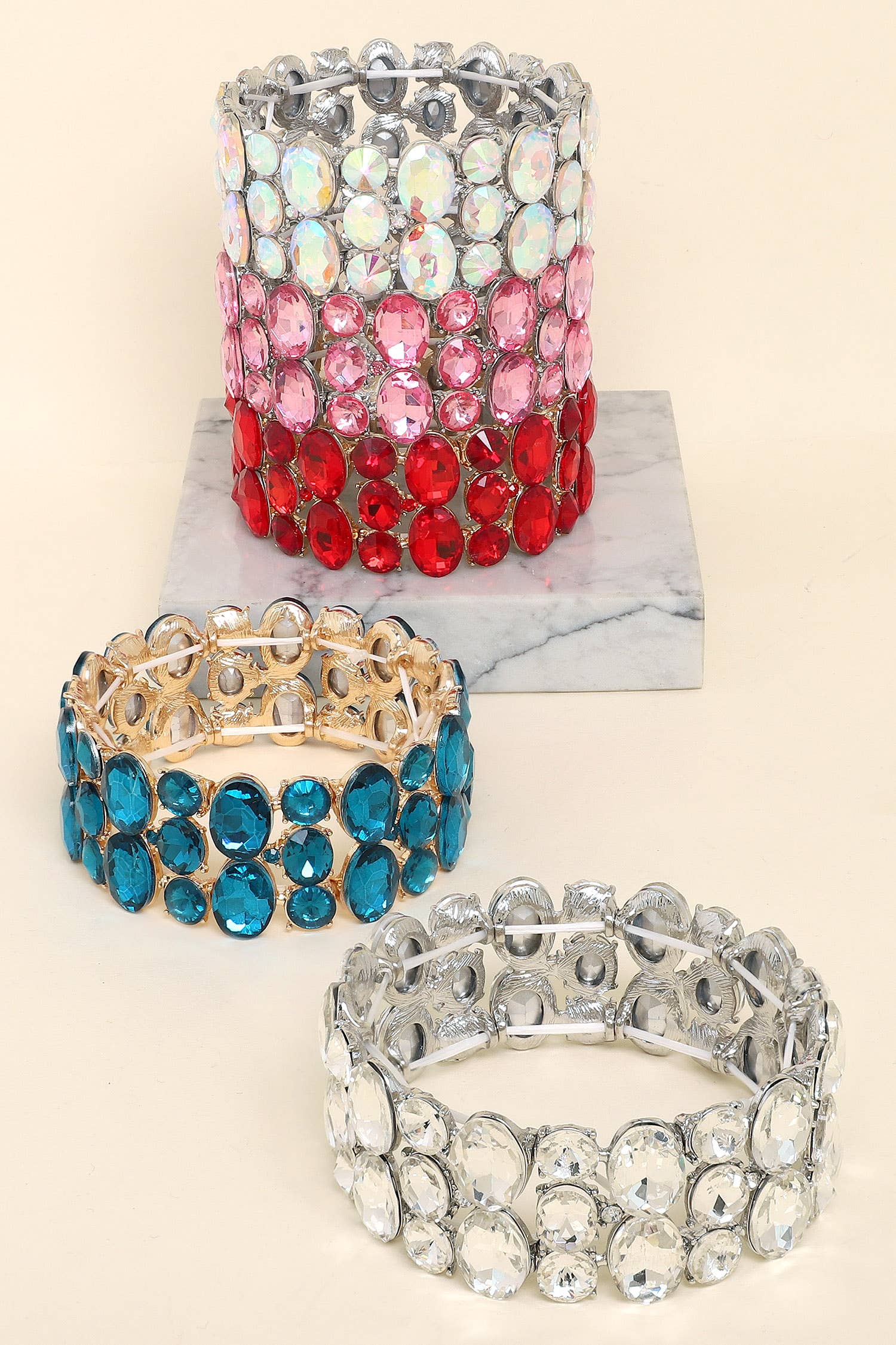 3 Row Crystal Gemstone Oval Cut Cluster Bracelet