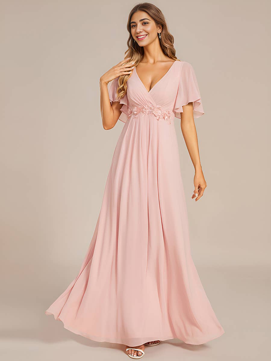 V Neck Appliques Pleated Bridesmaid Dress