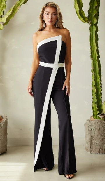 Asymmetric Black & White Elegant Jumpsuit -Large