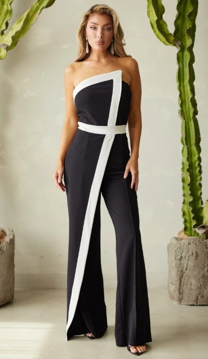 Asymmetric Black & White Elegant Jumpsuit -Large