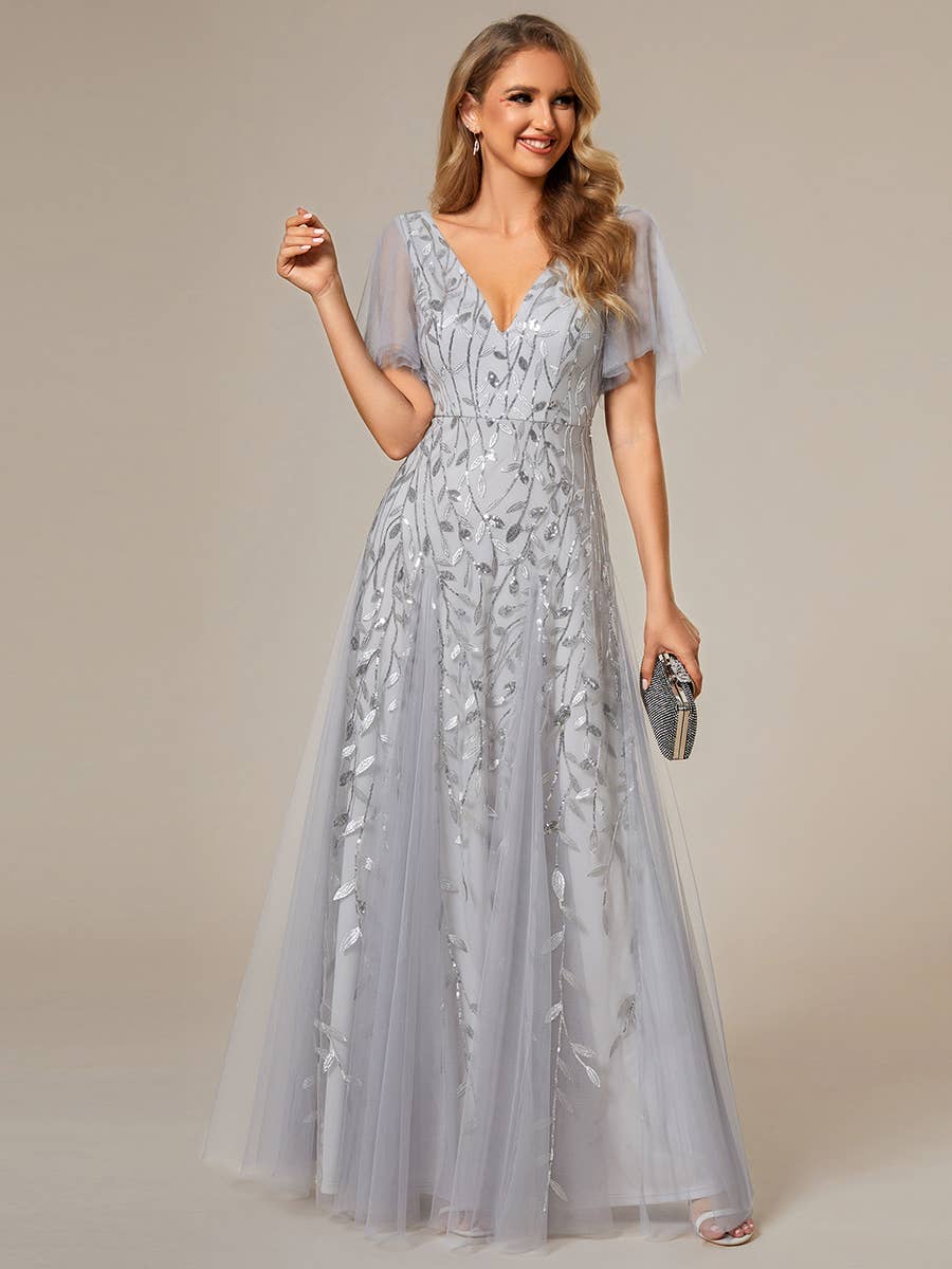 Romantic Shimmery V Neck Ruffle Sleeves Evening Dress
