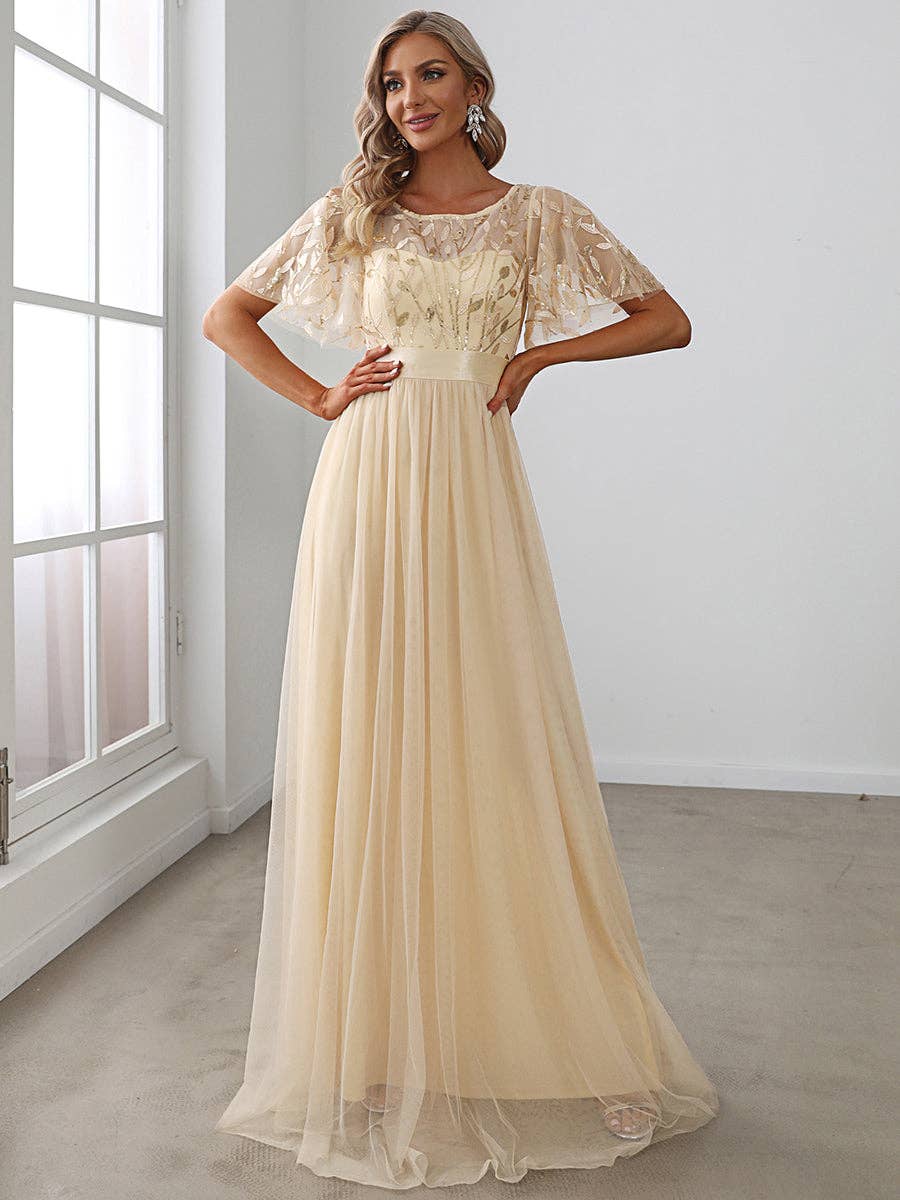 Sequin Print Maxi Long Evening Dresses with Cap Sleeve