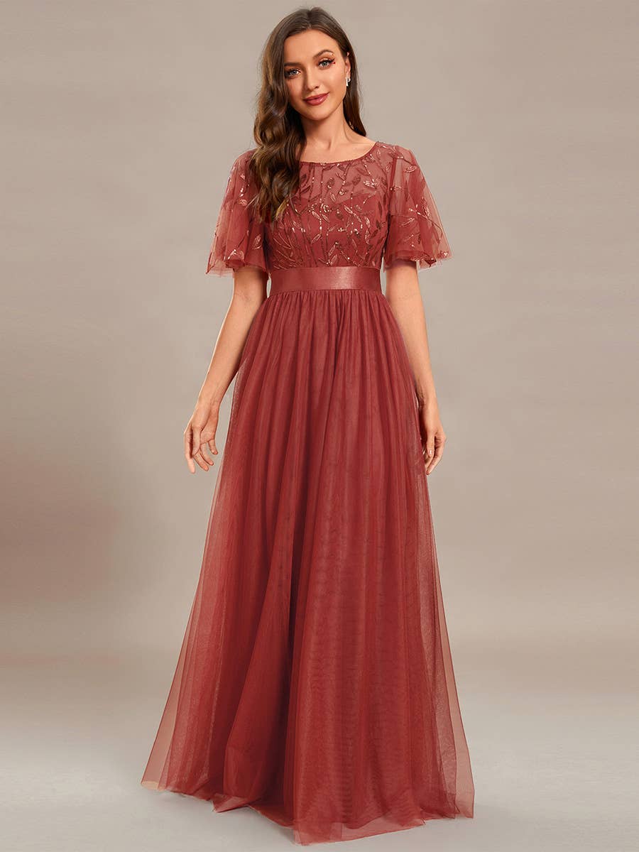 Sequin Print Maxi Long Evening Dresses with Cap Sleeve