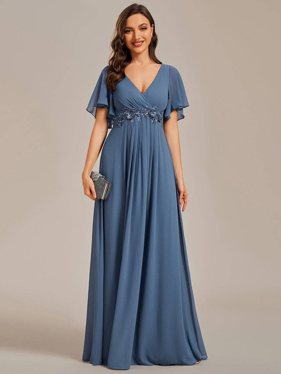 V Neck Appliques Pleated Bridesmaid Dress