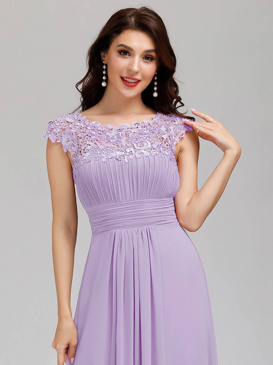 Lacey Neckline Open Back Ruched Bust  Chiffon Evening Dress