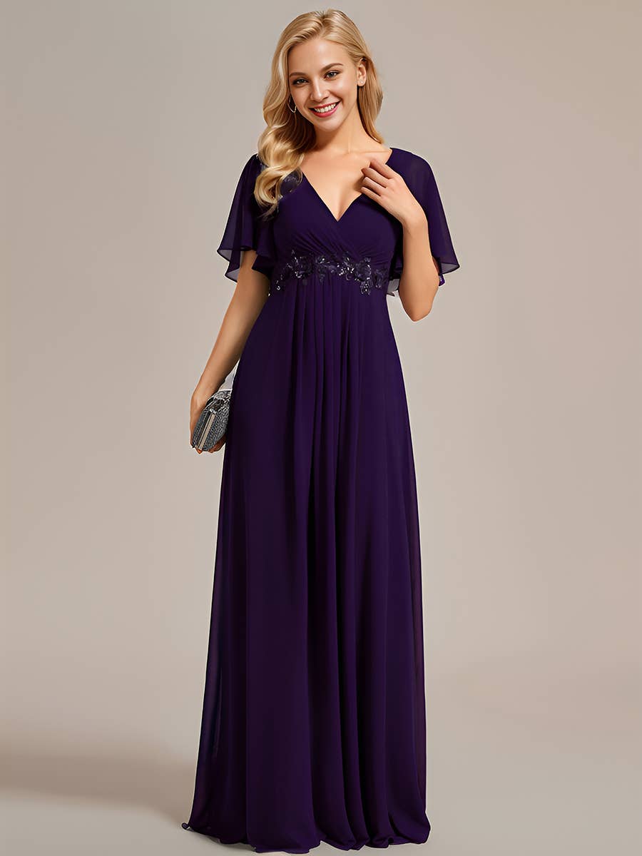 V Neck Appliques Pleated Bridesmaid Dress