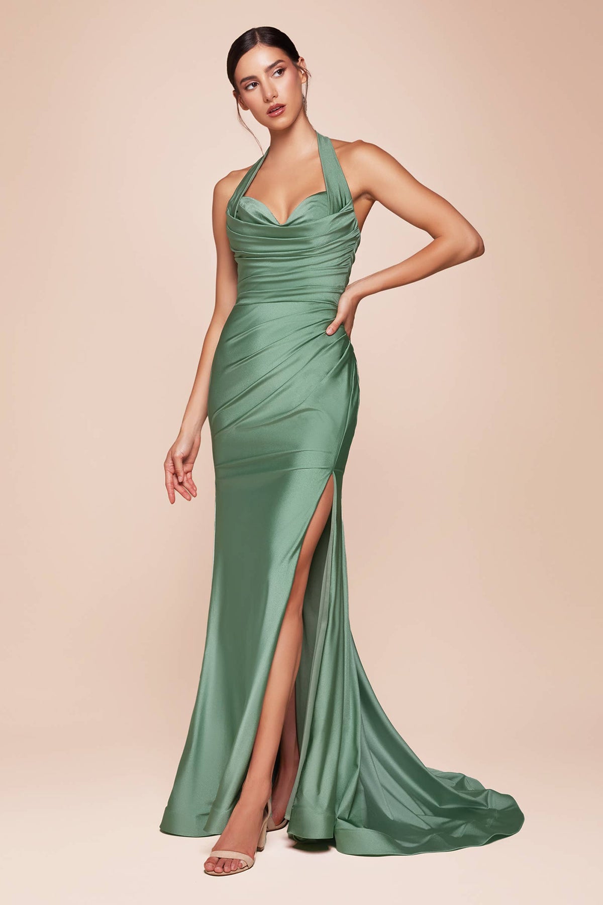 STETCH SATIN HALTER FITTED DRESS