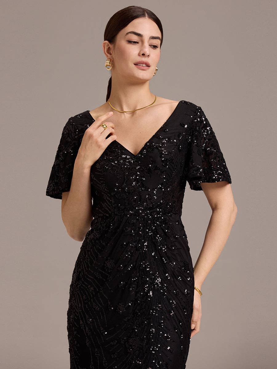 Strapless Deep Fishtail Paillette Midi Evening Dresses