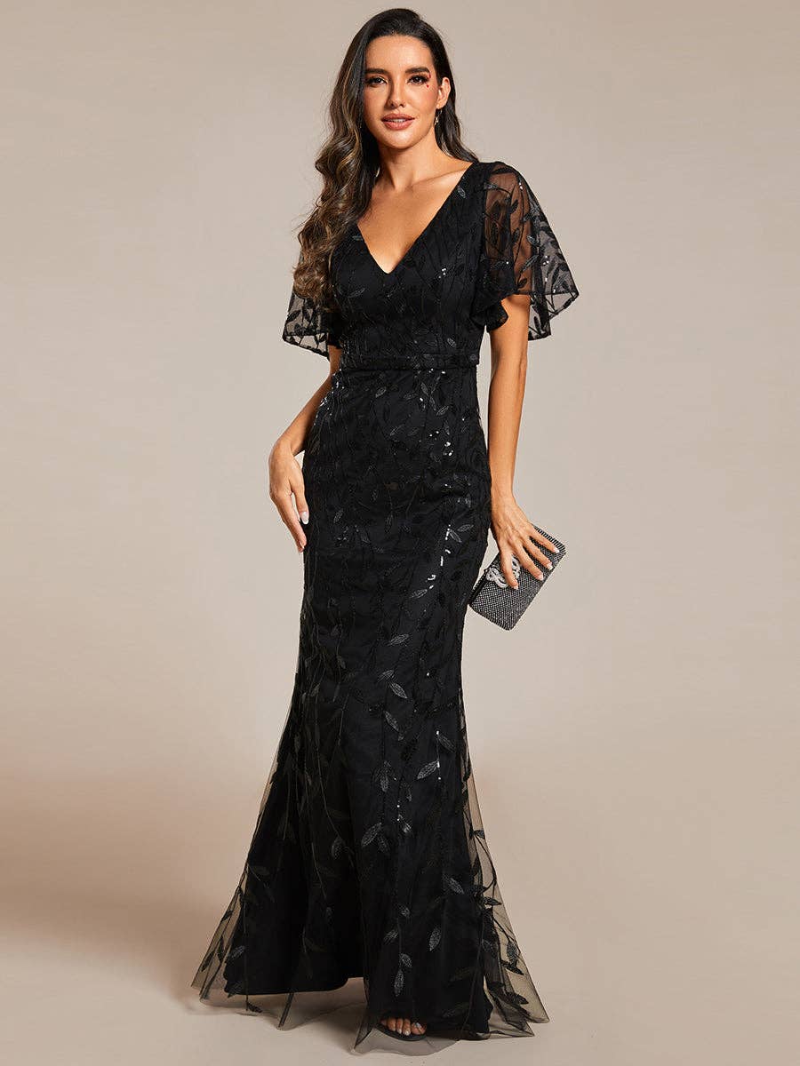Gorgeous Leaf-Sequined Evening Dress