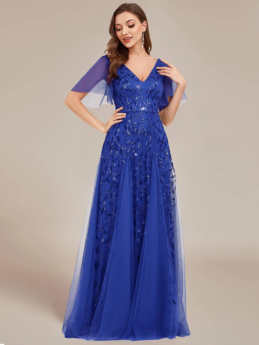 Romantic Shimmery V Neck Ruffle Sleeves Evening Dress
