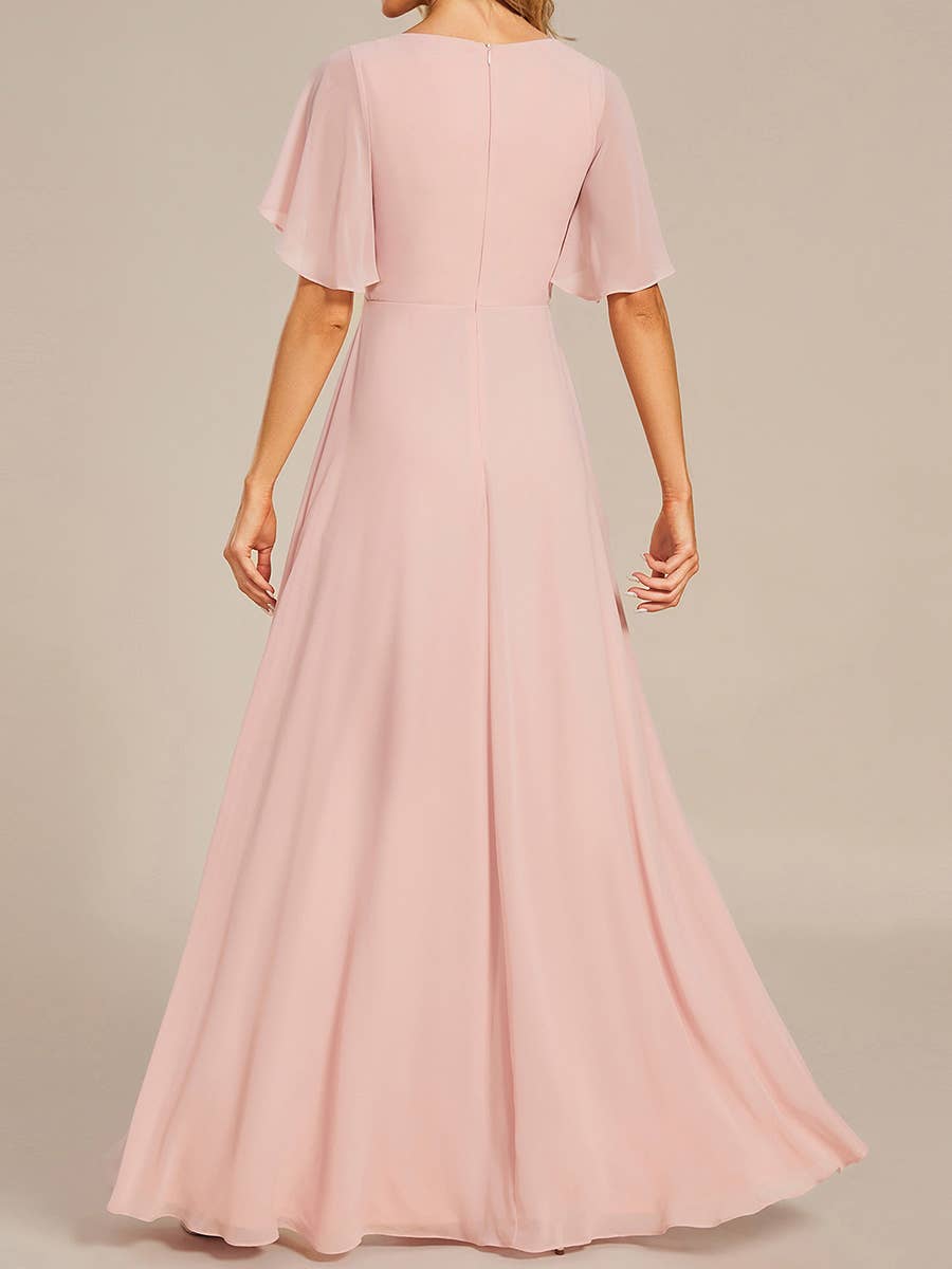 V Neck Appliques Pleated Bridesmaid Dress