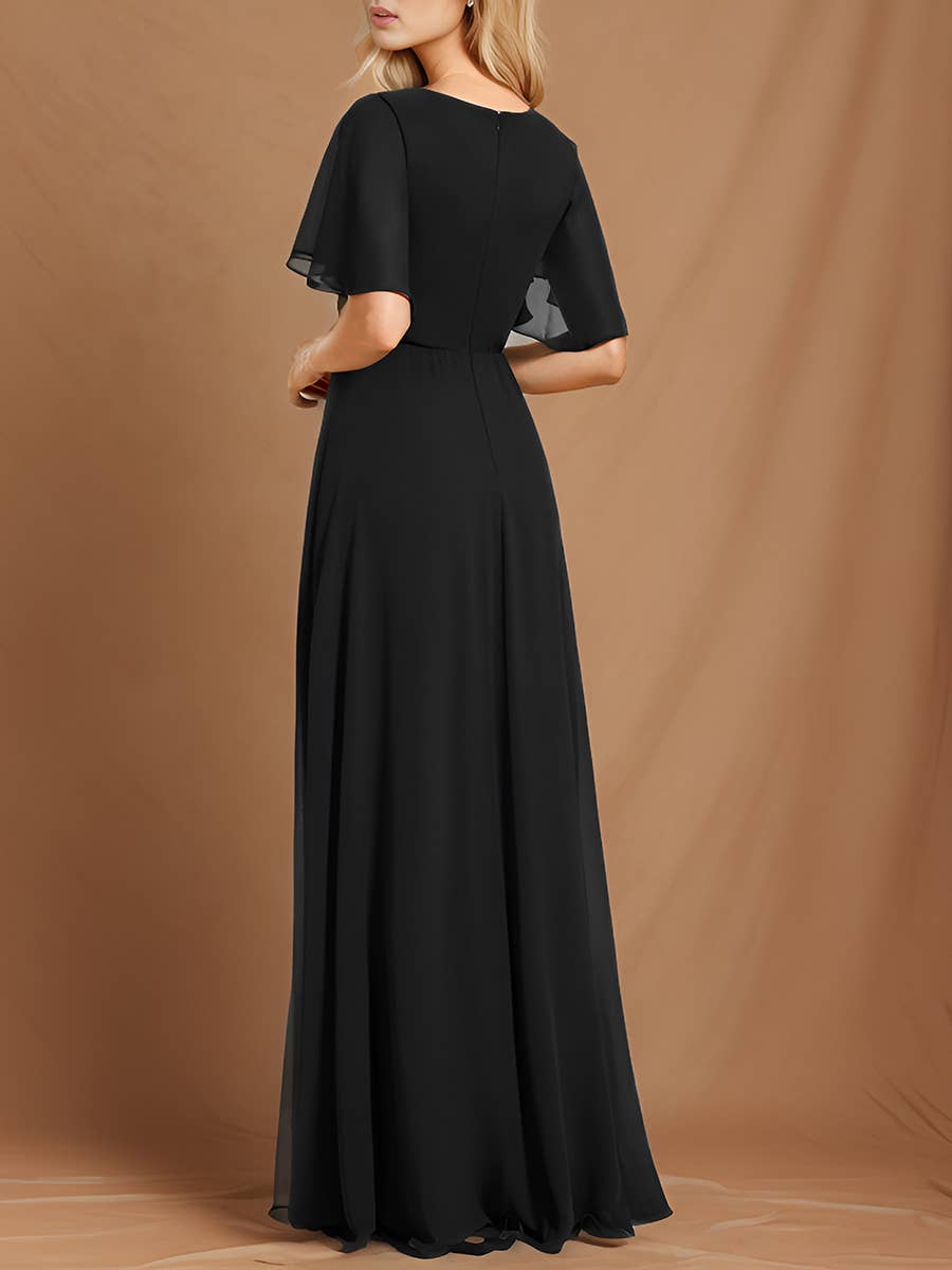 V Neck Appliques Pleated Bridesmaid Dress