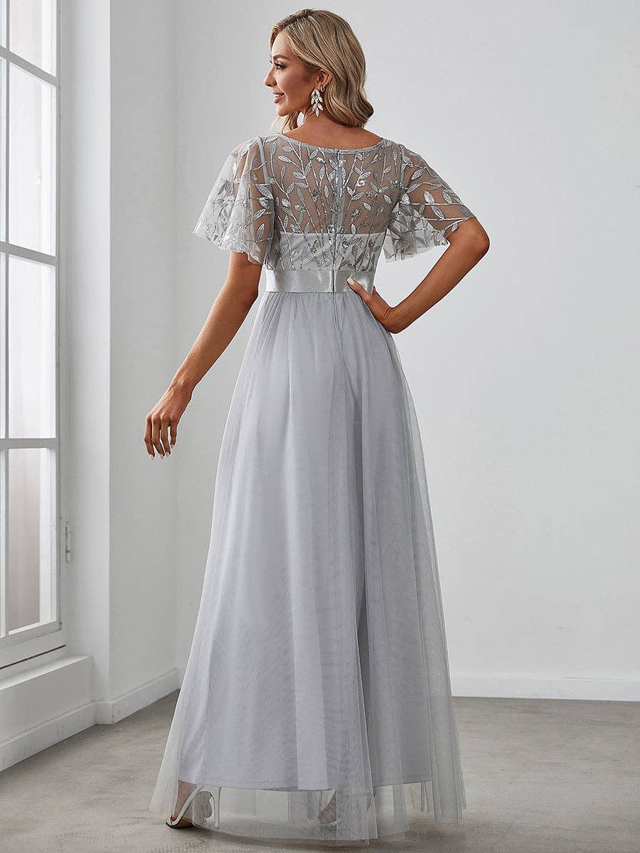 Sequin Print Maxi Long Evening Dresses with Cap Sleeve