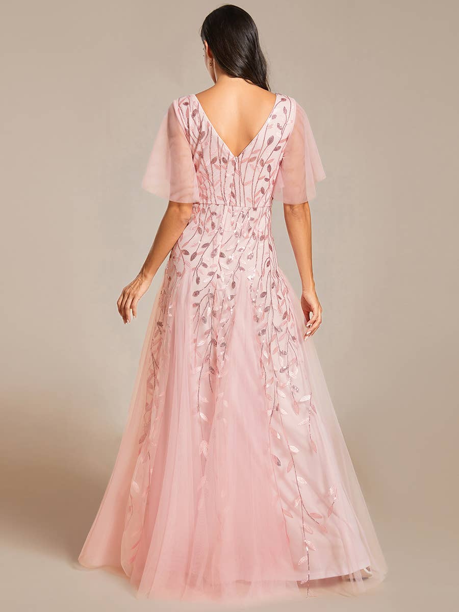 Romantic Shimmery V Neck Ruffle Sleeves Evening Dress