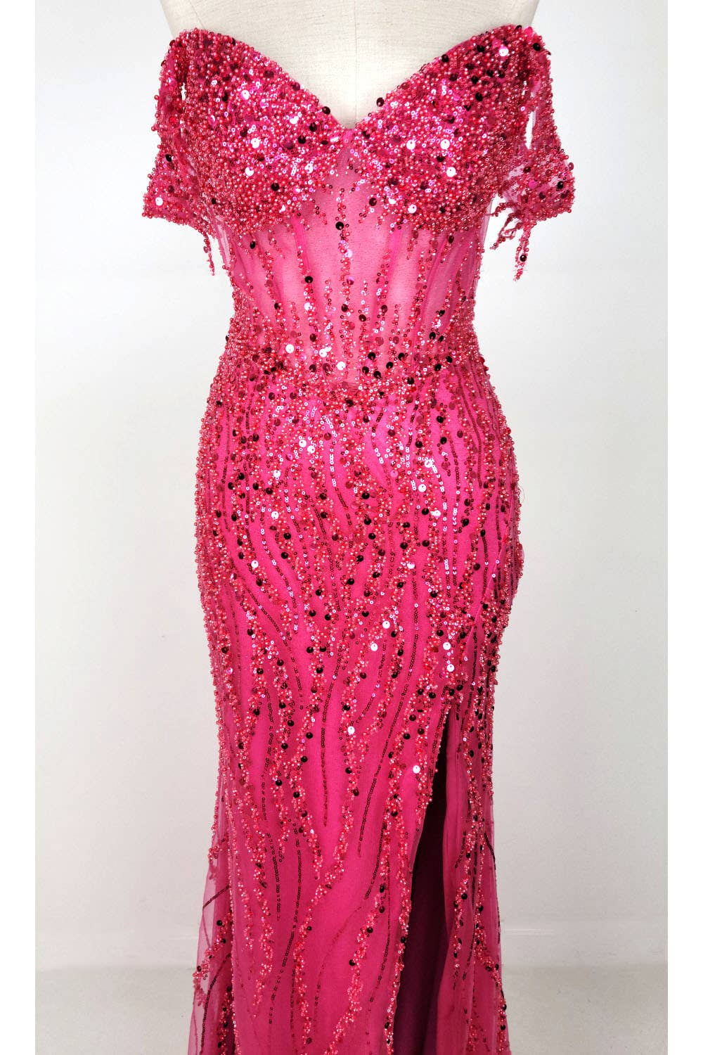 Off the Shoulder Sequin and Bead Long Dress C331
