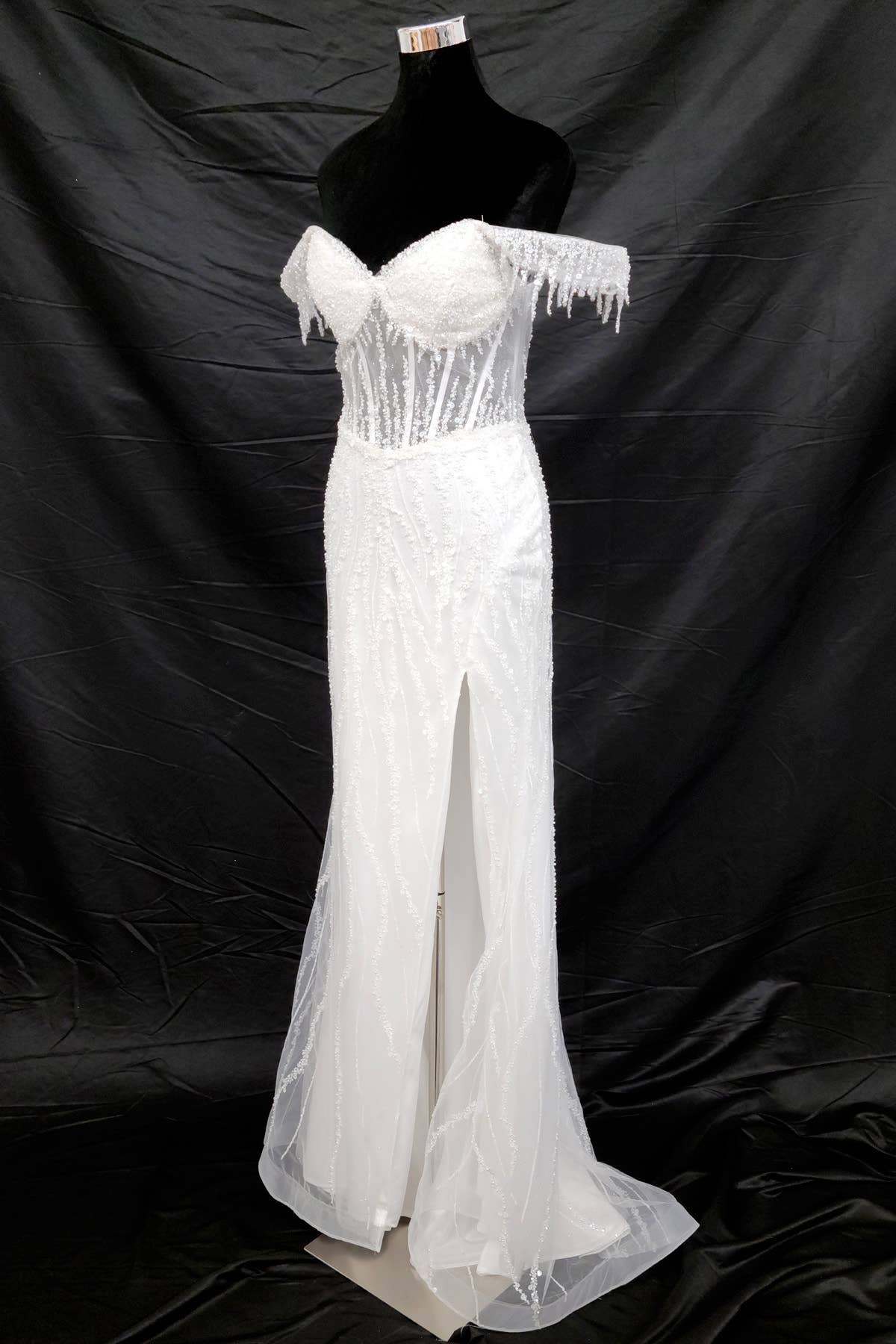 Off the Shoulder Sequin and Bead Long Dress C331
