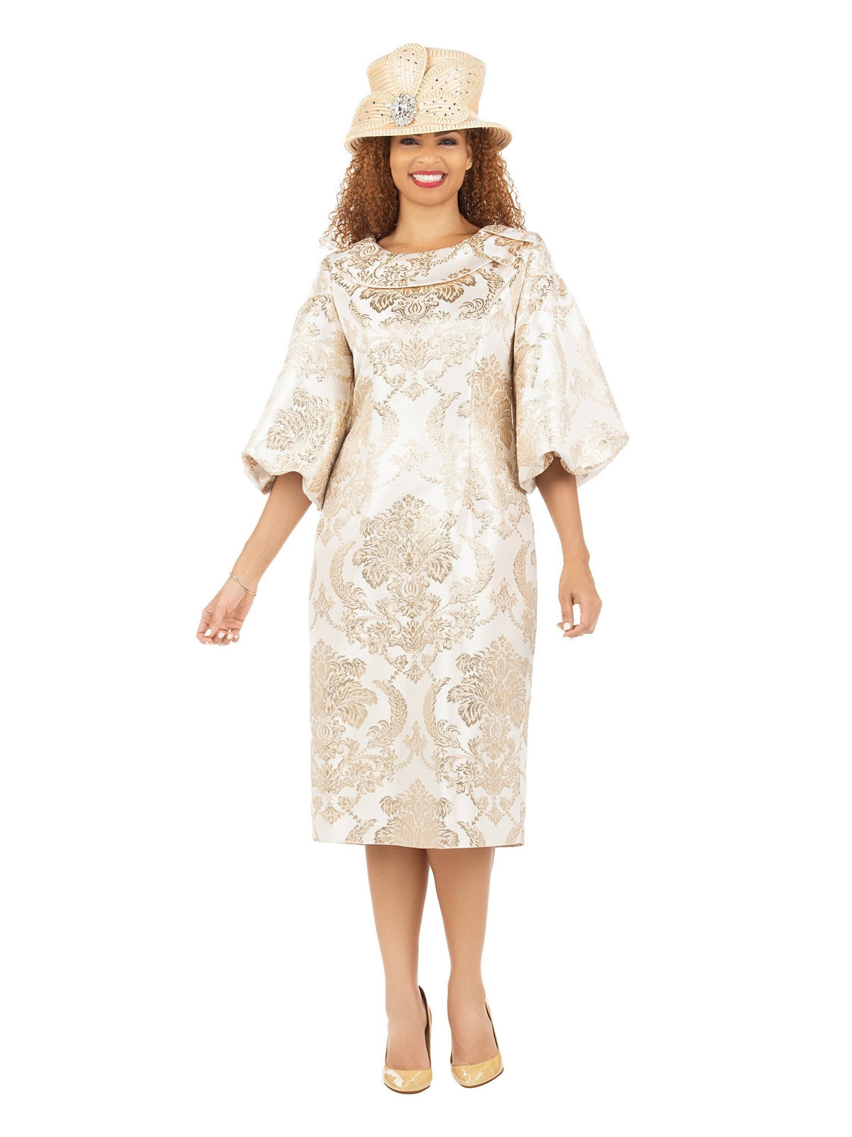 3/4 Puff Slv Brocade Shift Dress w/ Vintage Collar
