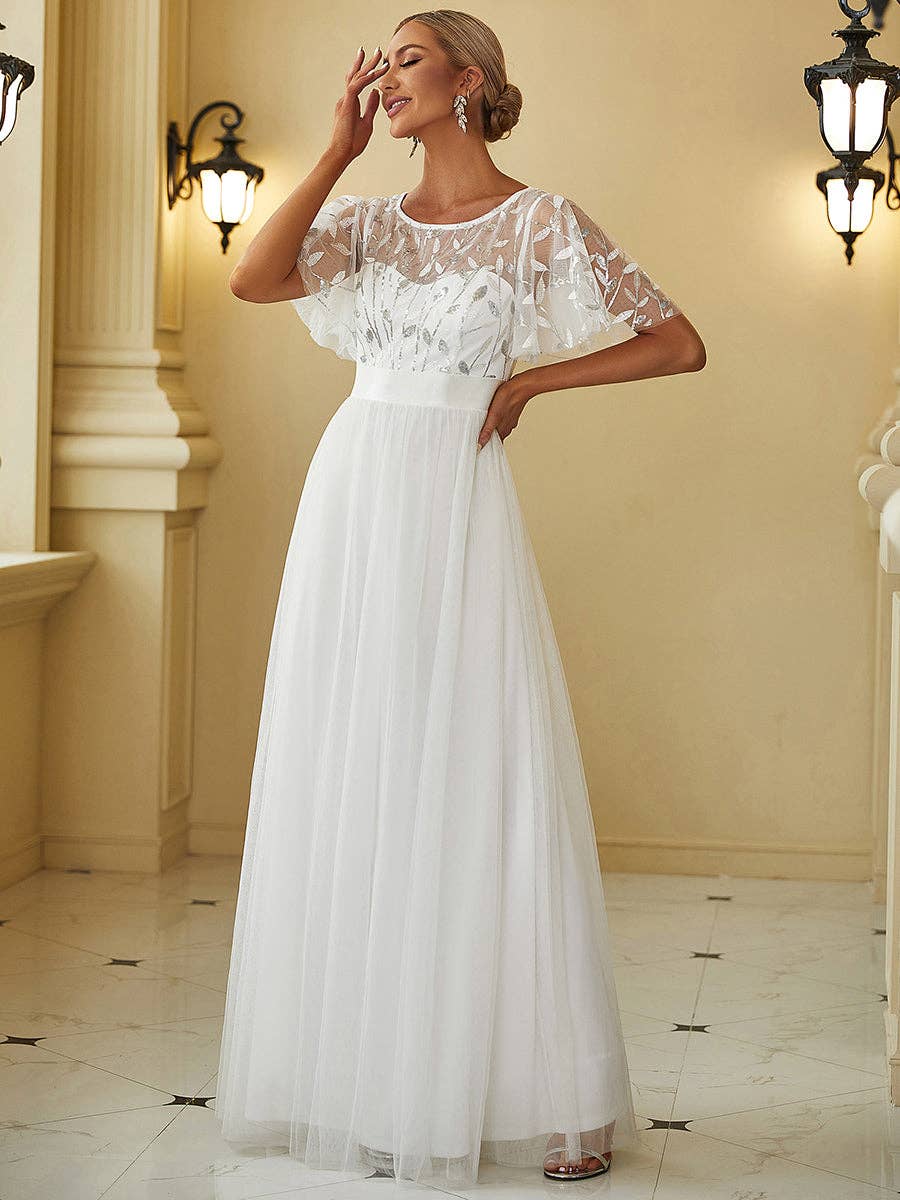 Sequin Print Maxi Long Evening Dresses with Cap Sleeve