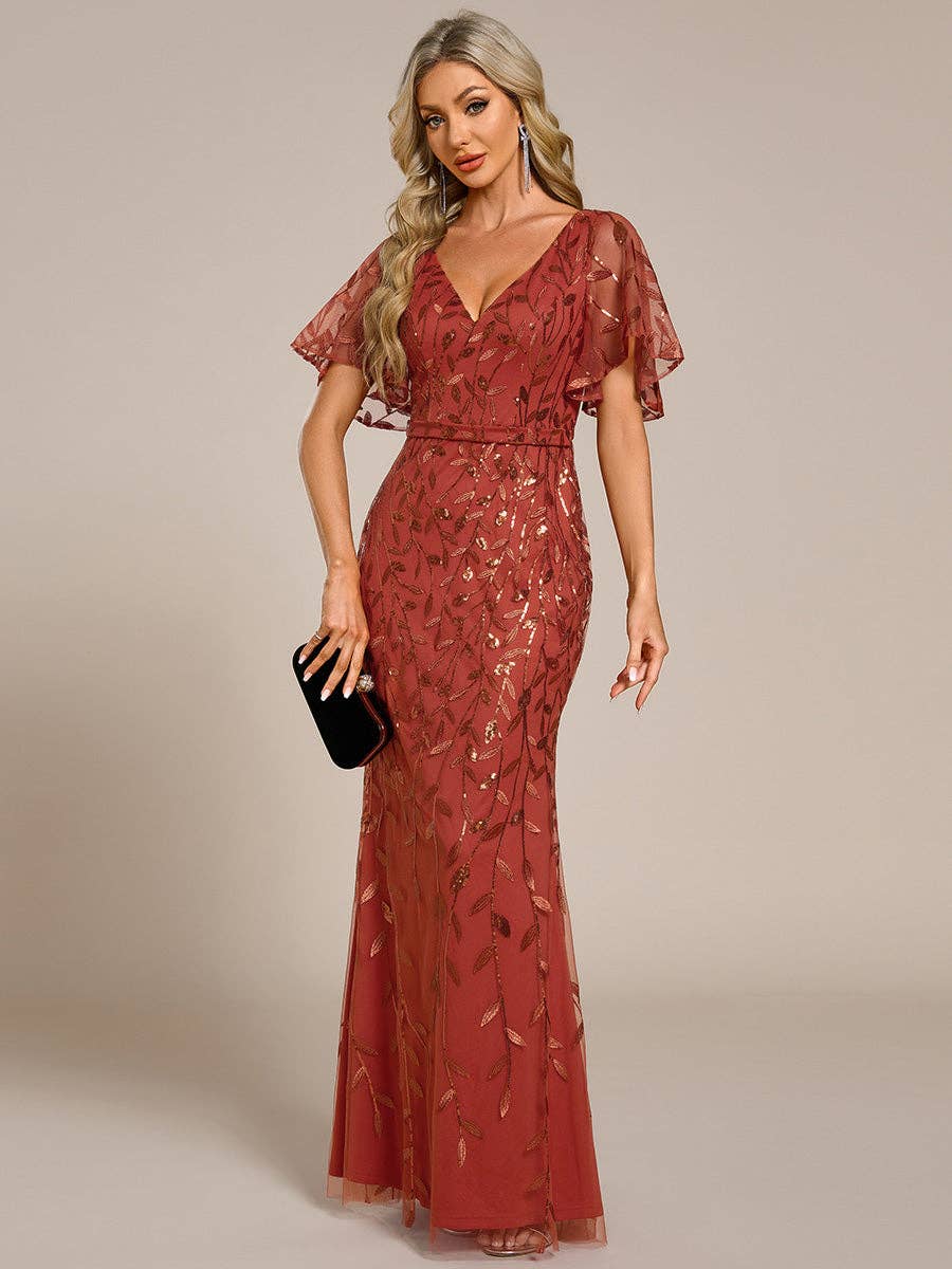 Gorgeous Leaf-Sequined Evening Dress