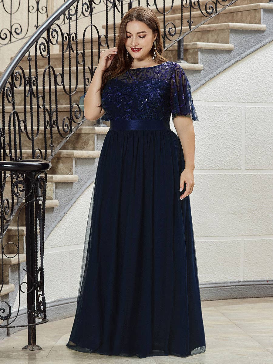 Sequin Print Maxi Long Evening Dresses with Cap Sleeve