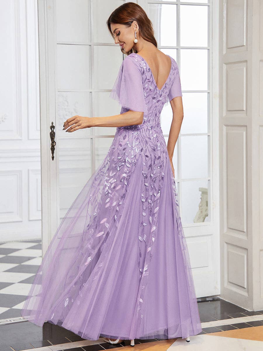 Romantic Shimmery V Neck Ruffle Sleeves Evening Dress