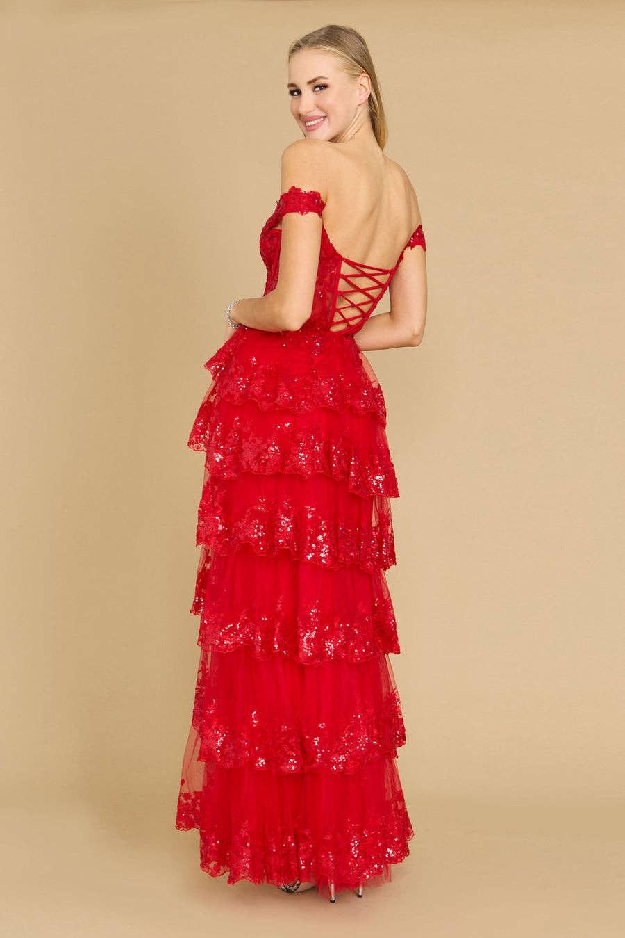 Tiered Prom Dress Off Shoulder Floral Lace with Shimmer