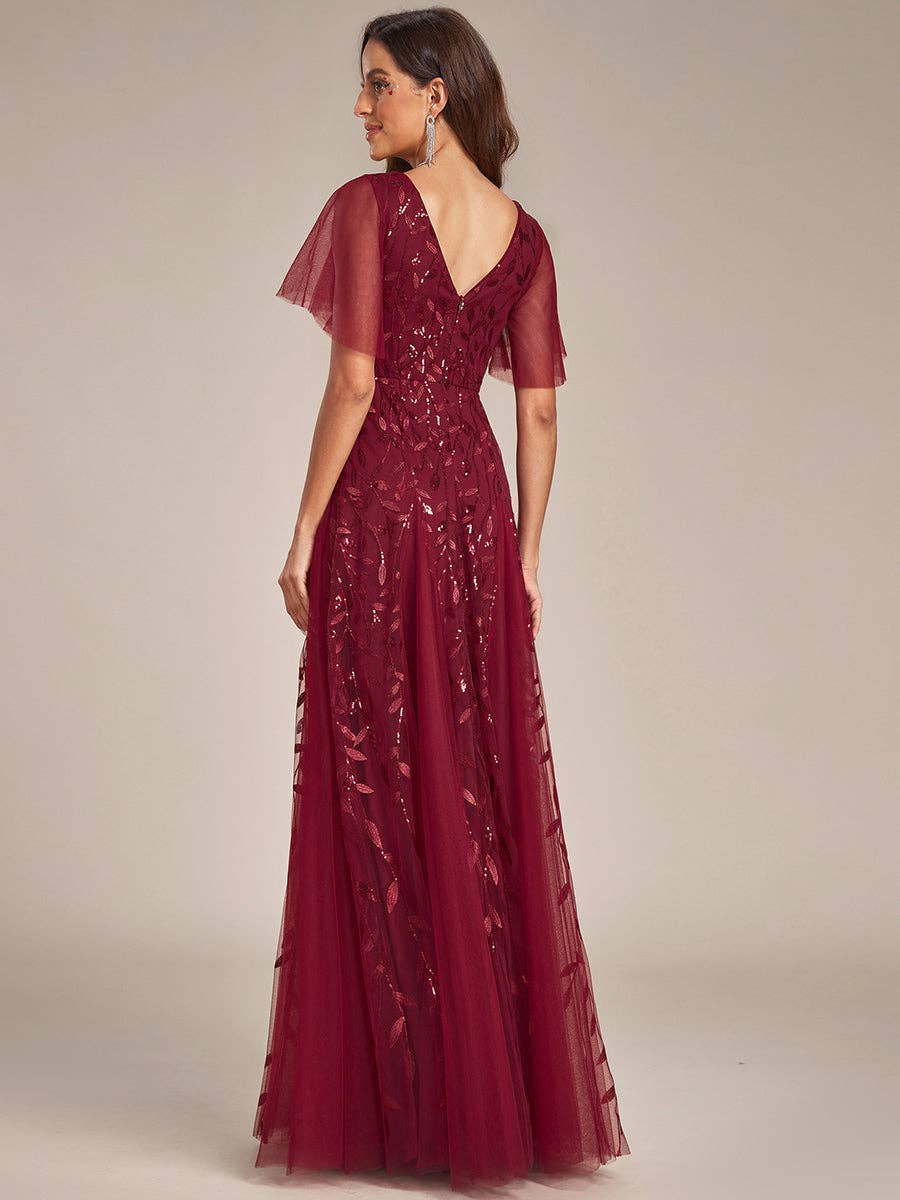 Romantic Shimmery V Neck Ruffle Sleeves Evening Dress