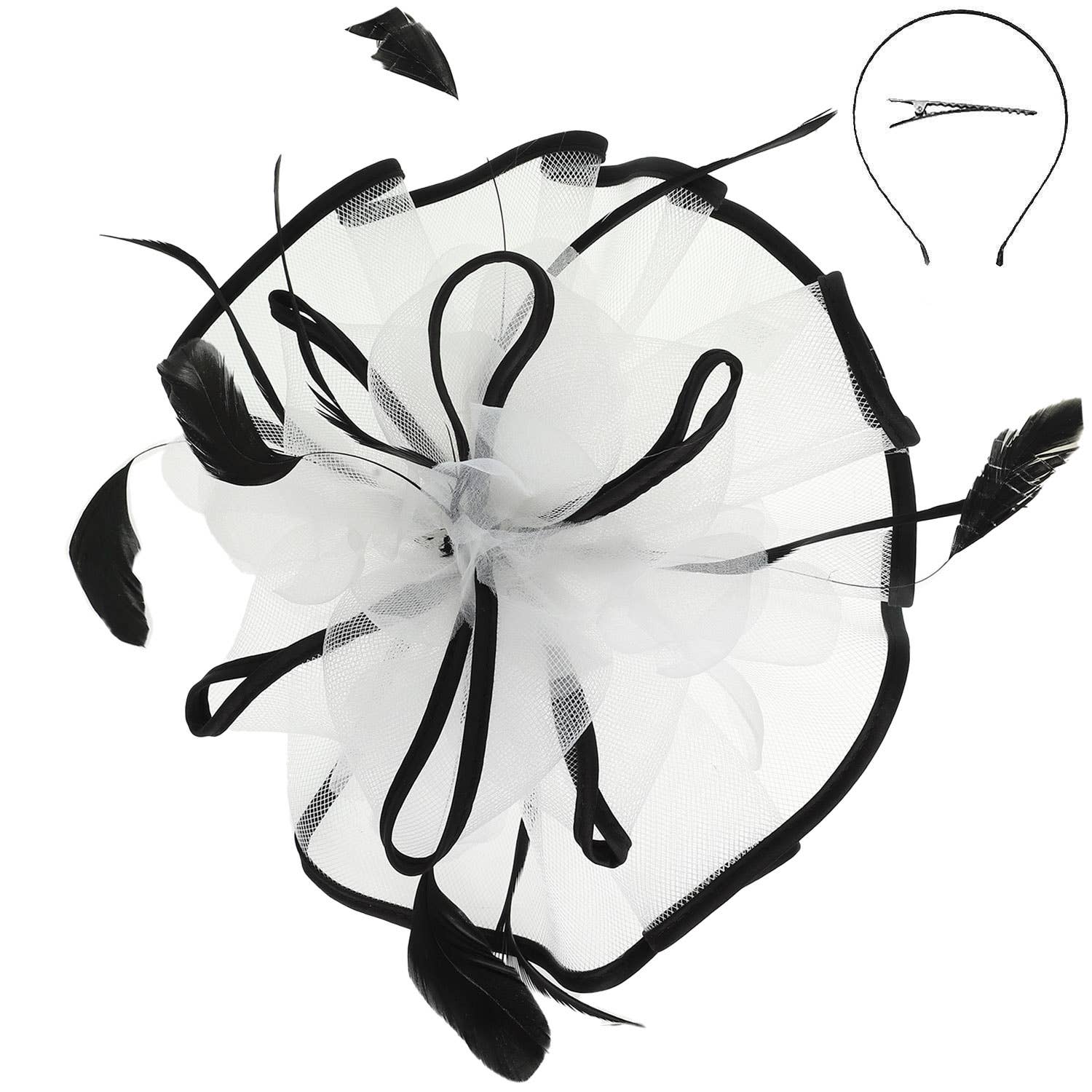 Floral Feathered Contrast Trim Mesh Fascinator