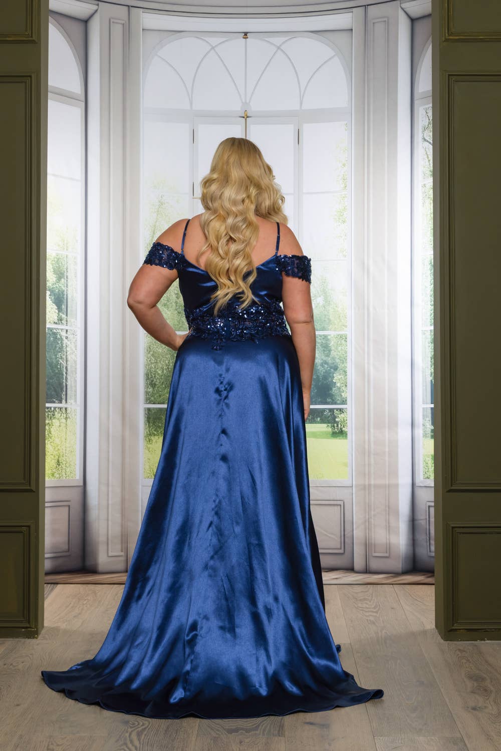 P7536-PLUS SATIN A LINE MAXI DRESS WITH SEQUINS AND BEADING