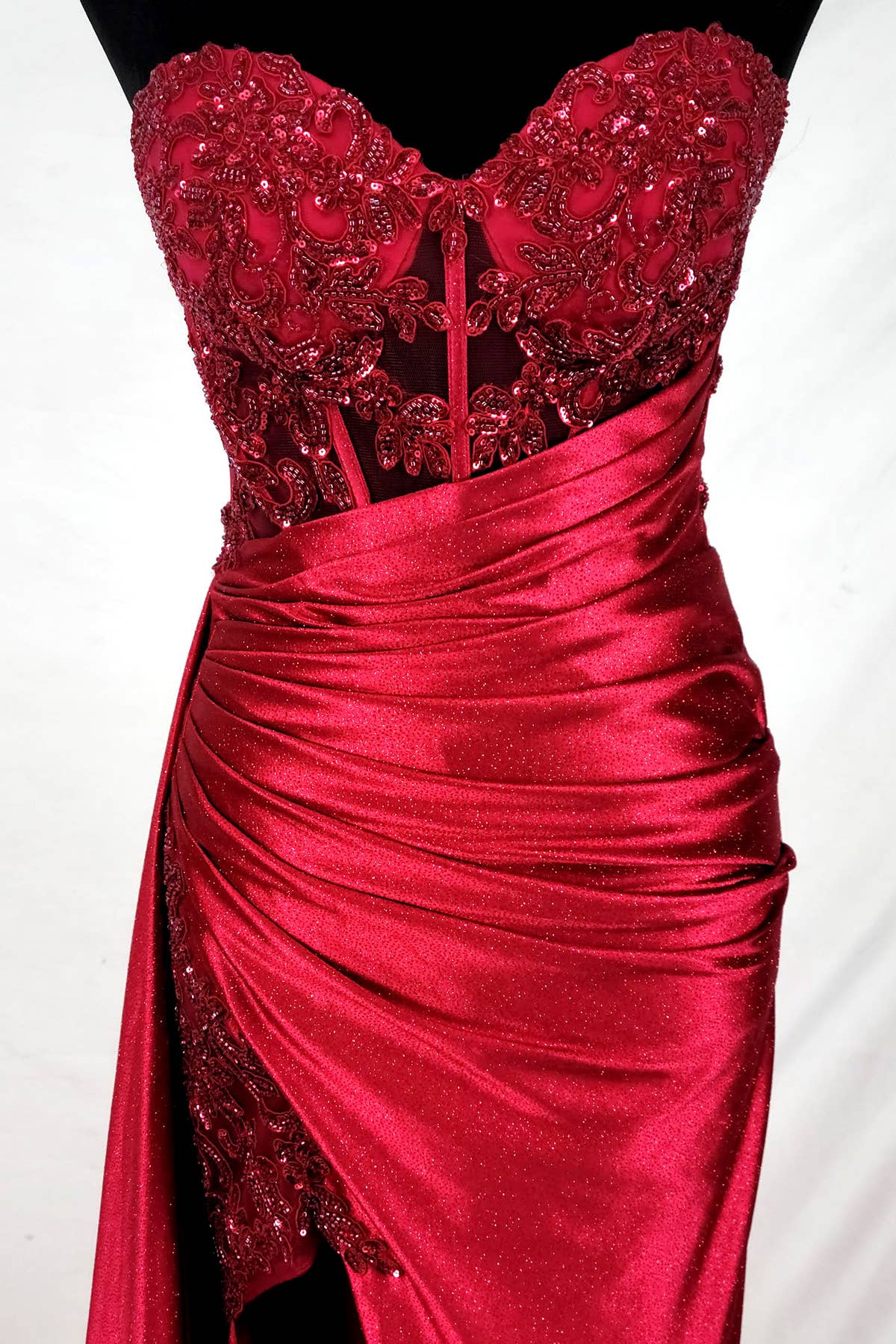 Floor length satin sweetheart dress with split skirt C843