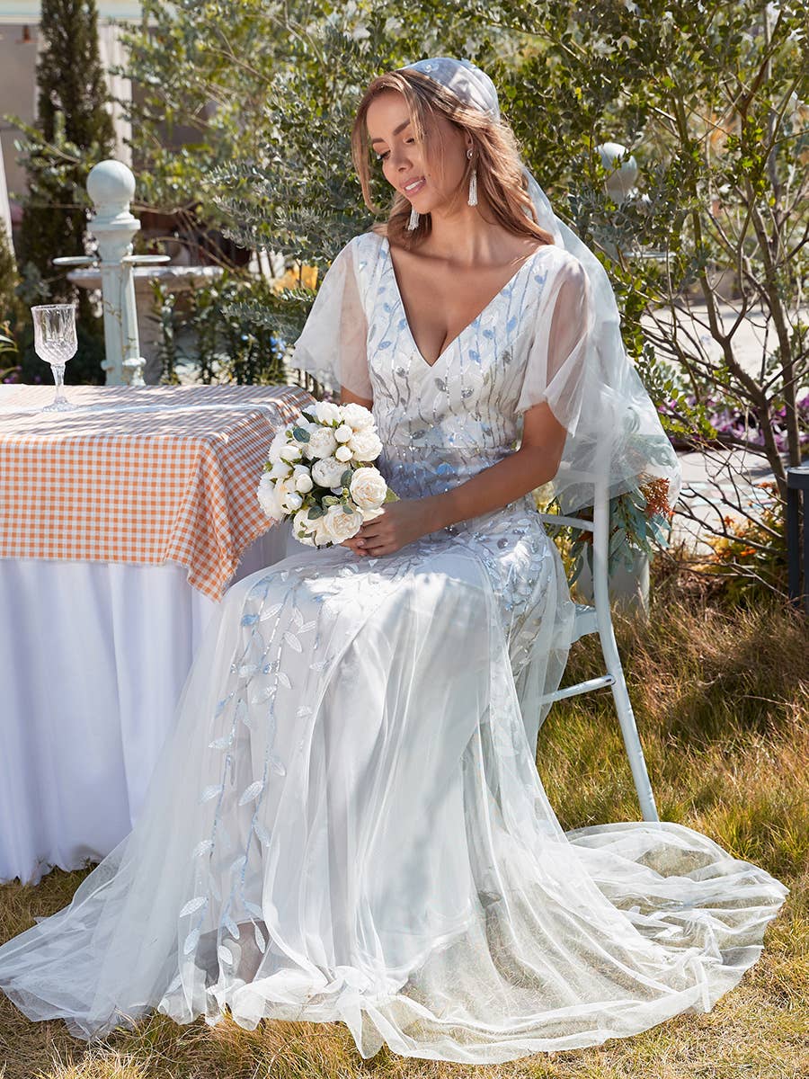 Romantic Shimmery V Neck Ruffle Sleeves Evening Dress