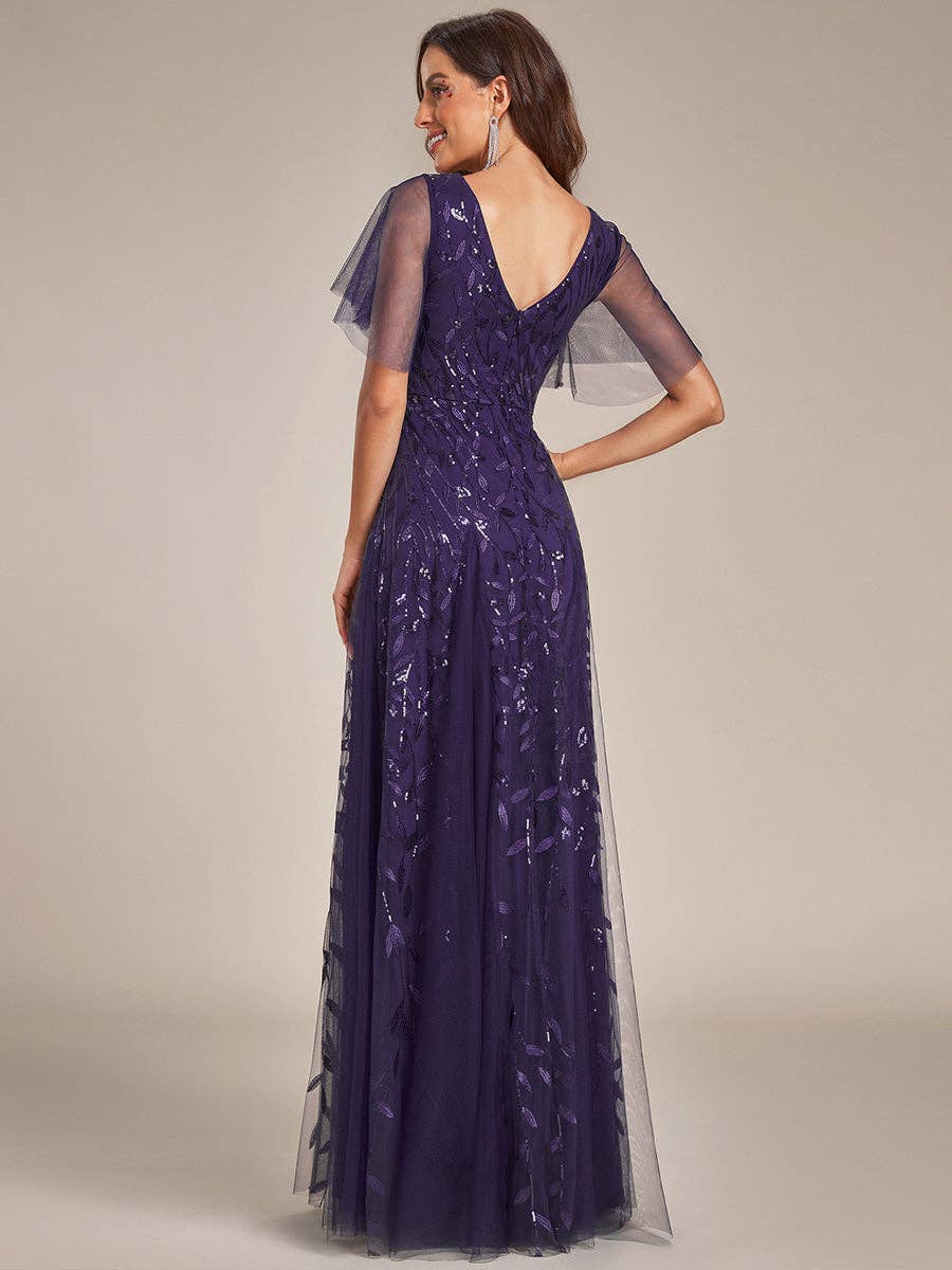 Romantic Shimmery V Neck Ruffle Sleeves Evening Dress
